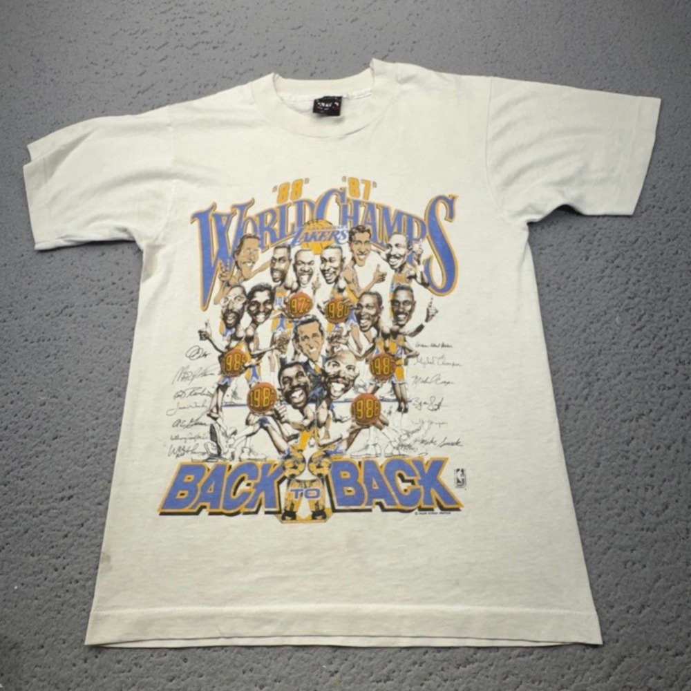 Vintage LA Lakers Shirt Mens Small White 1988 Back To Back Caricature Salem NBA
